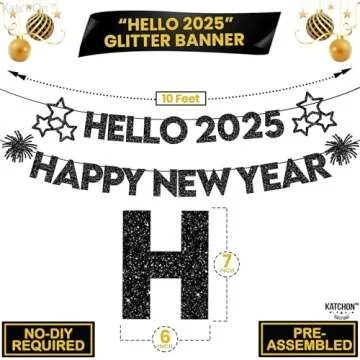 KatchOn, Glitter Black Happy New Year Banner 10 Feet, No DIY | Hello 2025 Banner for New Years Eve Party Supplies NYE Decorations