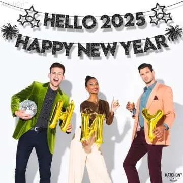 KatchOn, Glitter Black Happy New Year Banner 10 Feet, No DIY | Hello 2025 Banner for New Years Eve Party Supplies NYE Decorations