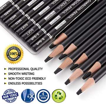 PANDAFLY Professional Charcoal Pencils Drawing Set - 8 Pieces Soft Medium and Hard Charcoal Pencils ...