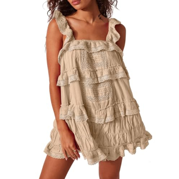 Gacaky Women's Summer Casual Sleeveless Ruffle Flowy Romper with Built-in Shorts - Khaki - XL