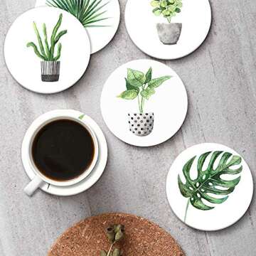 Britimes Green Leaves Absorbent Coasters Set of 6 for Drinks