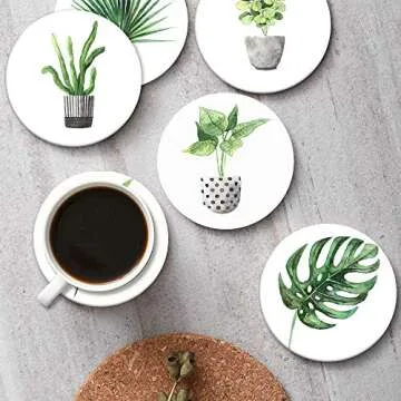 Britimes Green Leaves Absorbent Coasters Set of 6 for Drinks