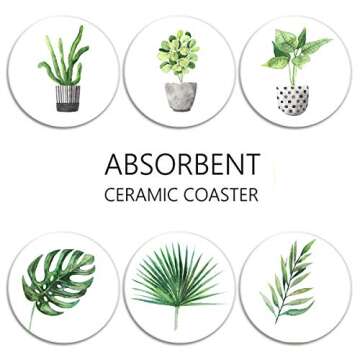 Britimes Green Leaves Absorbent Coasters Set of 6 for Drinks