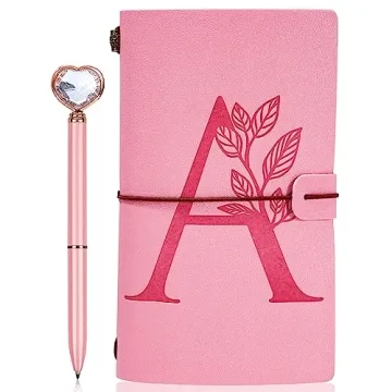 JEWPHX Personalized Journal Gift-Pink Initial Leather Journal+Heart Diamond Pen Set,Travel Notebook ...