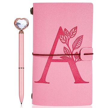 JEWPHX Personalized Journal Gift-Pink Initial Leather Journal+Heart Diamond Pen Set,Travel Notebook Diary Gifts,Refillable Notepads,Christmas,Birthday Gifts for Women Girls (7.9"x4.7") (A)