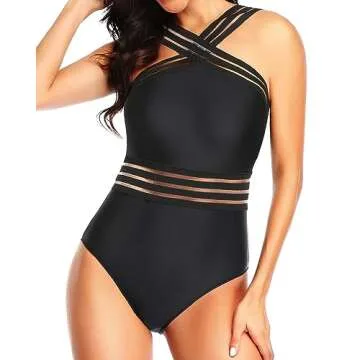 Tempt Me Women Black Crisscross One Piece Swimsuits Mesh Tummy Control Bathing Suits Front Crossover Swimwear XXS