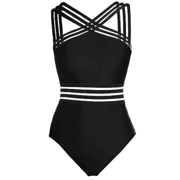 Tempt Me Women Black Crisscross One Piece Swimsuits Mesh Tummy Control Bathing Suits Front Crossover Swimwear XXS