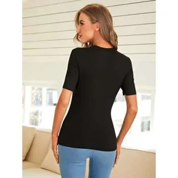 Verdusa Women's Casual Basic Mock Neck Short Sleeve Rib Knit Tee Top Black M