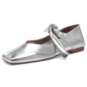 Riekhany Square Toe Ballet Flats for Women Bow Mary Jane Flats Slip On Dress Ballerina Shoes