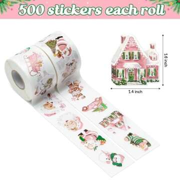 BkeeCten Vintage Pink Christmas Stickers - 1000pcs Winter Cartoon Retro Christmas Sticker Rolls Pink...