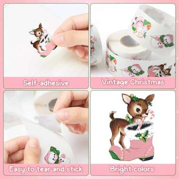 BkeeCten Vintage Pink Christmas Stickers - 1000pcs Winter Cartoon Retro Christmas Sticker Rolls Pink Victorian Santa Claus Elk Snowman Gingerbread Decorative Decals Xmas Holiday Party Decorations