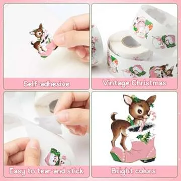 Vintage Pink Christmas Stickers - 1000pcs Retro Holiday Decor