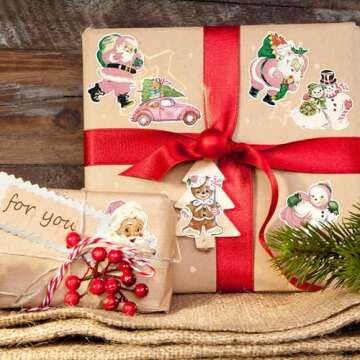 BkeeCten Vintage Pink Christmas Stickers - 1000pcs Winter Cartoon Retro Christmas Sticker Rolls Pink Victorian Santa Claus Elk Snowman Gingerbread Decorative Decals Xmas Holiday Party Decorations