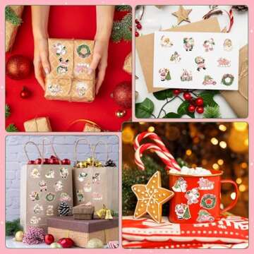 BkeeCten Vintage Pink Christmas Stickers - 1000pcs Winter Cartoon Retro Christmas Sticker Rolls Pink Victorian Santa Claus Elk Snowman Gingerbread Decorative Decals Xmas Holiday Party Decorations