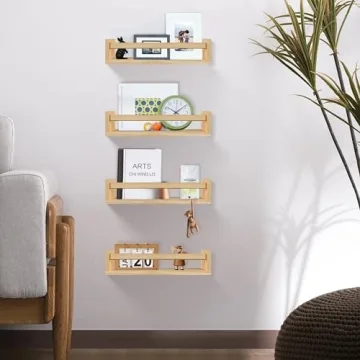 BOMID Floating Bookshelves - Set of 4 Natural Wood Shelves