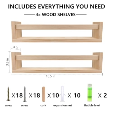 BOMID Floating Bookshelves - Set of 4 Natural Wood Shelves