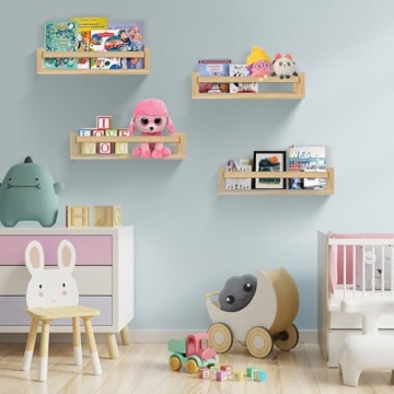 BOMID Floating Bookshelves - Set of 4 Natural Wood Shelves