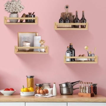 BOMID Floating Bookshelves - Set of 4 Natural Wood Shelves