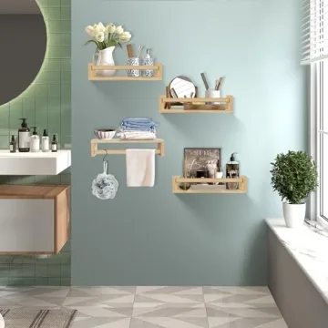 BOMID Floating Bookshelves - Set of 4 Natural Wood Shelves