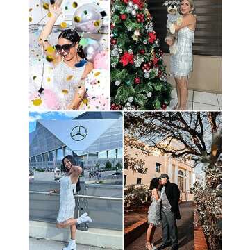 Madam Uniq Women Tassel Formal Dress Strap Sequin Mini Elegant Evening Prom Party Club Dance Gown (Silver,L)