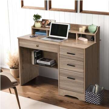 Catrimown Vintage Computer Desk with 4 Drawers and Hutch for Small Spaces