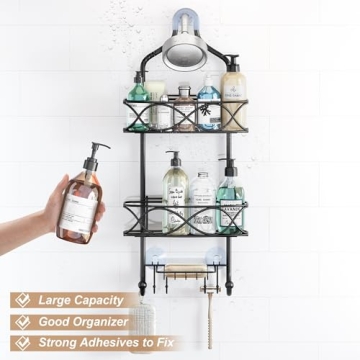 GAOKASE Hanging Shower Caddy Over Shower Head, Black Rust Proof Metal Large Bathroom Organizer for Shampoo, Conditioner, Body Wash, Soap, Razors, Shower Sponge, Loofahs and Bath Rack