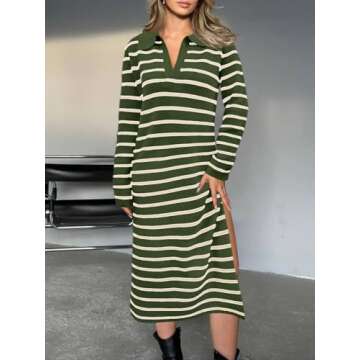 Saodimallsu Womens Striped Sweater Dress Fall Chunky Knit V Neck Collared Long Sleeve Sexy Slit Loose Midi Dresses Army Green