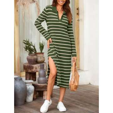 Saodimallsu Womens Striped Sweater Dress Fall Chunky Knit V Neck Collared Long Sleeve Sexy Slit Loose Midi Dresses Army Green