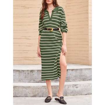 Saodimallsu Womens Striped Sweater Dress Fall Chunky Knit V Neck Collared Long Sleeve Sexy Slit Loose Midi Dresses Army Green