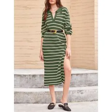 Saodimallsu Womens Striped Sweater Dress Fall Chunky Knit V Neck Collared Long Sleeve Sexy Slit Loose Midi Dresses Army Green