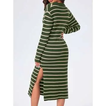 Saodimallsu Womens Striped Sweater Dress Fall Chunky Knit V Neck Collared Long Sleeve Sexy Slit Loose Midi Dresses Army Green
