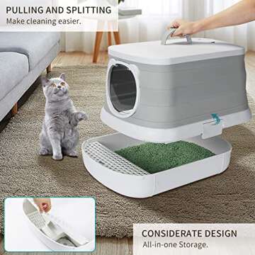 FLARUZIY 13L Fully Covered Cat Litter Box, Foldable and Portable Litter Box with Shovel and Storage Space, Prevents Urine and Litter Leakage, Isolates odor, Grey