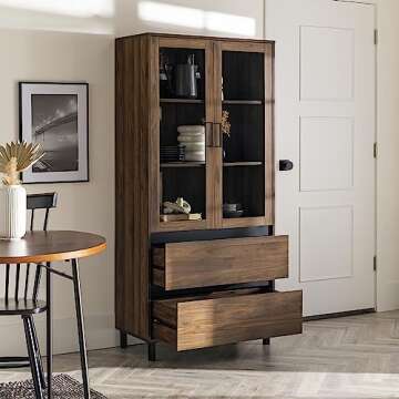 Elegant Walker Edison Glass Door Storage Hutch, 68 Inch