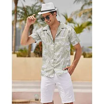 COOFANDY Men Floral Cotton Shirts Front Pocket Short Sleeve Casual Summer Shirts