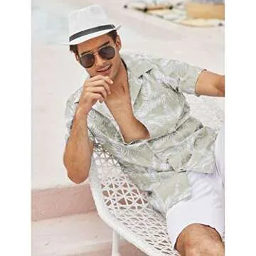 COOFANDY Men Floral Cotton Shirts Front Pocket Short Sleeve Casual Summer Shirts