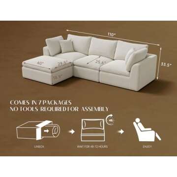 ohllob 110" Cloud Sectional Couches for Living Room, Convertible L-Shape Couch with Ottoman, 3 Seate...