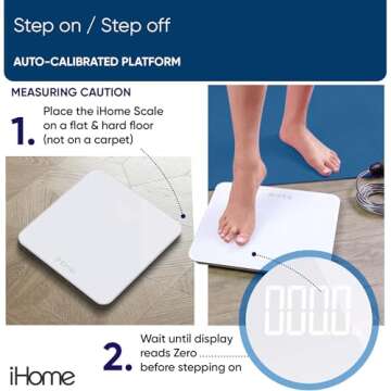 iHome Digital Scale, Bathroom Scale, Batteries Included, Scale Body Weight, Weight Scale, Digital Scale, Bathroom Scales for Weight, Digital Scales for Body Weight, Weight Scales Bathroom (White)
