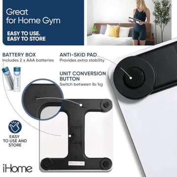 iHome Digital Scale, Bathroom Scale, Batteries Included, Scale Body Weight, Weight Scale, Digital Scale, Bathroom Scales for Weight, Digital Scales for Body Weight, Weight Scales Bathroom (White)
