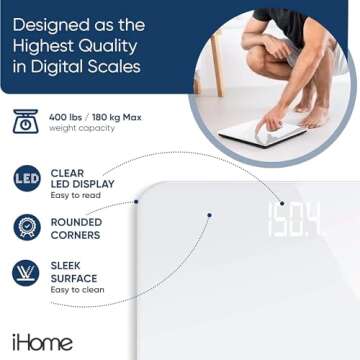 iHome Digital Scale, Bathroom Scale, Batteries Included, Scale Body Weight, Weight Scale, Digital Scale, Bathroom Scales for Weight, Digital Scales for Body Weight, Weight Scales Bathroom (White)