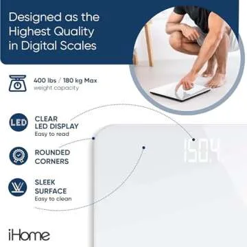 iHome Digital Scale, Bathroom Scale, Batteries Included, Scale Body Weight, Weight Scale, Digital Scale, Bathroom Scales for Weight, Digital Scales for Body Weight, Weight Scales Bathroom (White)
