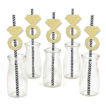 Big Dot of Happiness Gold Glitter Diamond Ring Party Straws - No-Mess Real Gold Glitter Cut-Outs and Decorative Bridal Shower or Bachelorette Party Paper Straws - Set of 24