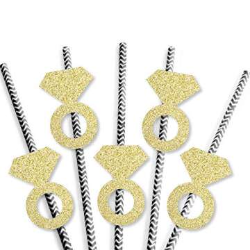 Big Dot of Happiness Gold Glitter Diamond Ring Party Straws - No-Mess Real Gold Glitter Cut-Outs and Decorative Bridal Shower or Bachelorette Party Paper Straws - Set of 24