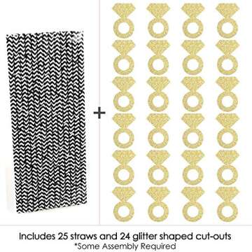 Big Dot of Happiness Gold Glitter Diamond Ring Party Straws - No-Mess Real Gold Glitter Cut-Outs and Decorative Bridal Shower or Bachelorette Party Paper Straws - Set of 24