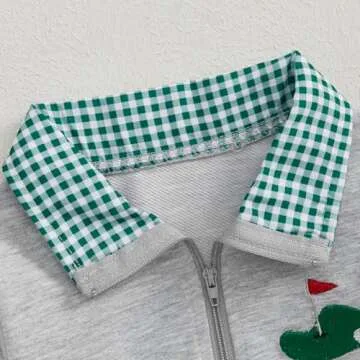 Toddler Baby Boy Golf Outfit Golf Flag/Cart Embroidery Quarter Zip Sweatshirt Plaid Lapel Long Sleeve Polo Shirt Top (Gray, 6-12 Months)