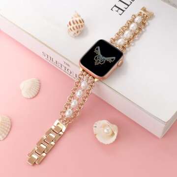 REALSIGN Pearl Beaded Bracelet Compatible with Apple Watch Band 38mm 40mm 41mm,Bling Jewelry Wristba...