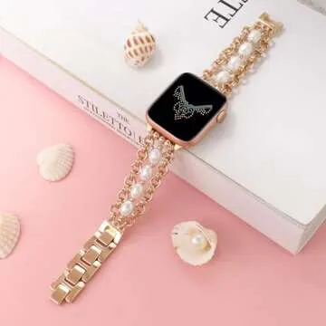 REALSIGN Pearl Beaded Bracelet Compatible with Apple Watch Band 38mm 40mm 41mm,Bling Jewelry Wristba...