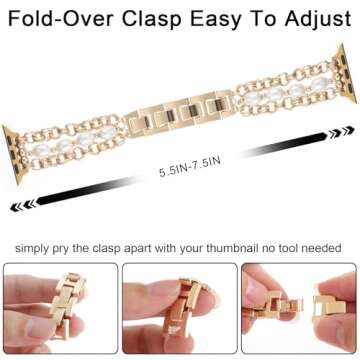 REALSIGN Pearl Beaded Bracelet Compatible with Apple Watch Band 38mm 40mm 41mm,Bling Jewelry Wristband Stylish Chain Adjustable Pretty Strap for iWatch Series 9 8 7 6 5 4 3 2 1 SE for Women(38/40/41MM,Elliptic Pearl Gold)
