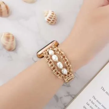 REALSIGN Pearl Beaded Bracelet Compatible with Apple Watch Band 38mm 40mm 41mm,Bling Jewelry Wristband Stylish Chain Adjustable Pretty Strap for iWatch Series 9 8 7 6 5 4 3 2 1 SE for Women(38/40/41MM,Elliptic Pearl Gold)