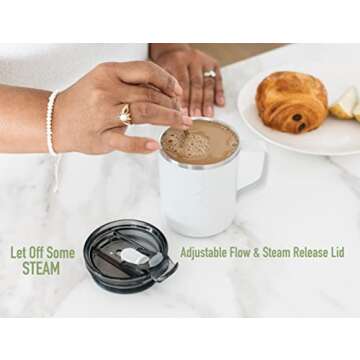 Reduce 14 oz Insulated Coffee Mug with Handle and Flo-Motion Lid - Perfect Travel Mug with Handle for Hot Coffee and Tea - Single-Serve Friendly, Dishwasher Safe, BPA Free - Linen