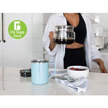 Reduce 14 oz Insulated Coffee Mug with Handle and Flo-Motion Lid - Perfect Travel Mug with Handle for Hot Coffee and Tea - Single-Serve Friendly, Dishwasher Safe, BPA Free - Linen